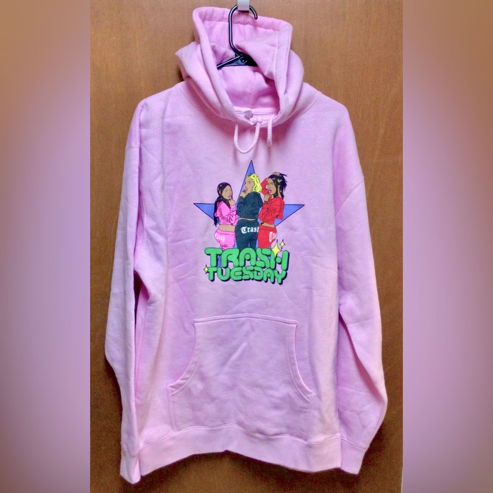 Trash Tuesday Podcast Pink Hoodie Unisex Sweatshirt w/Pockets Size Large ~ NWOT
